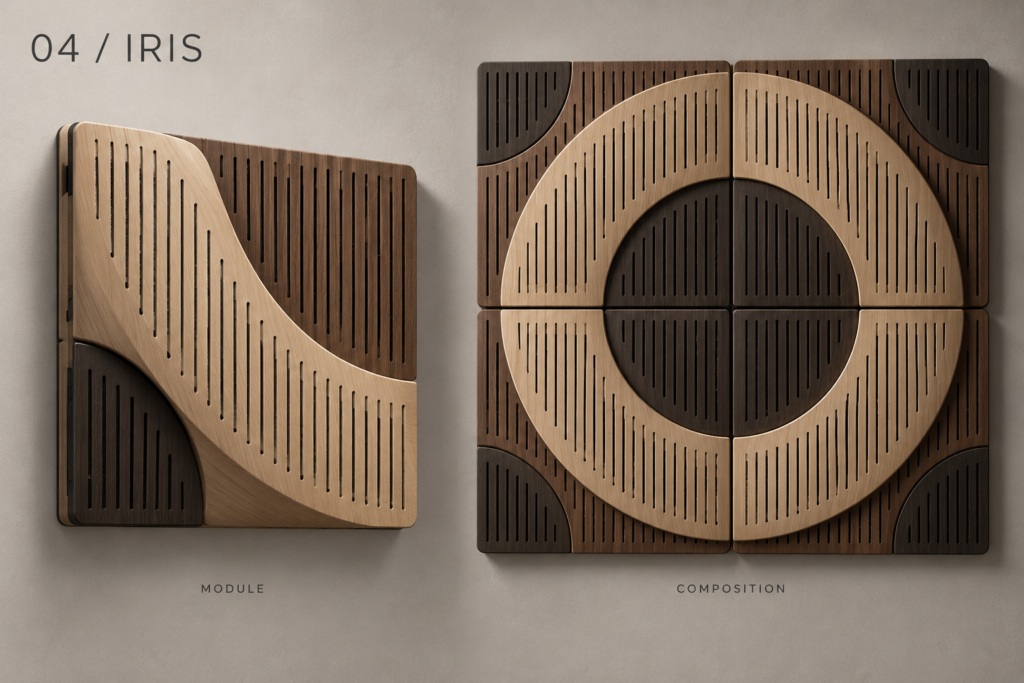 Iris acoustic panel concept showing a single module and example composition