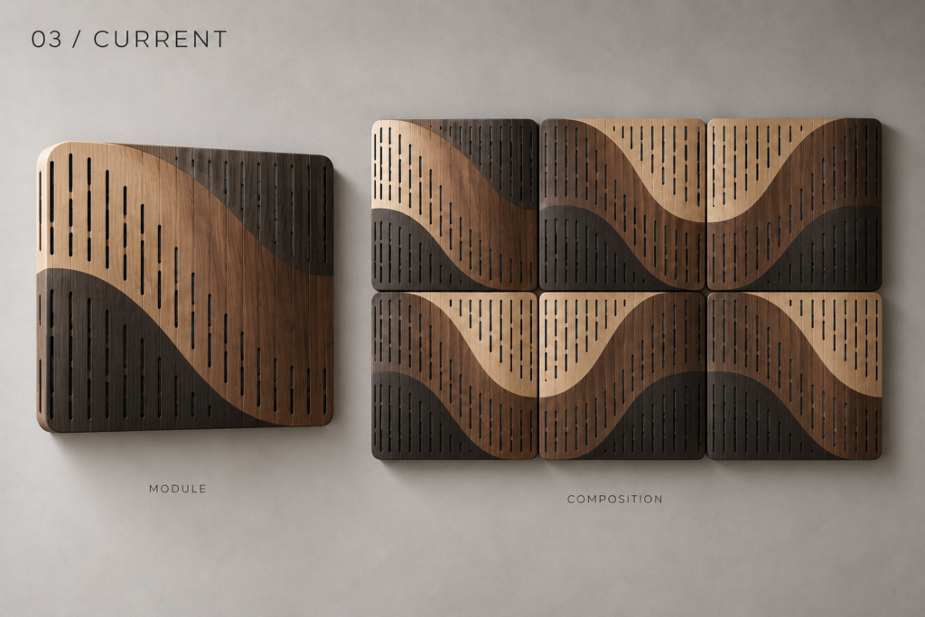 Current acoustic panel concept showing a single module and example composition