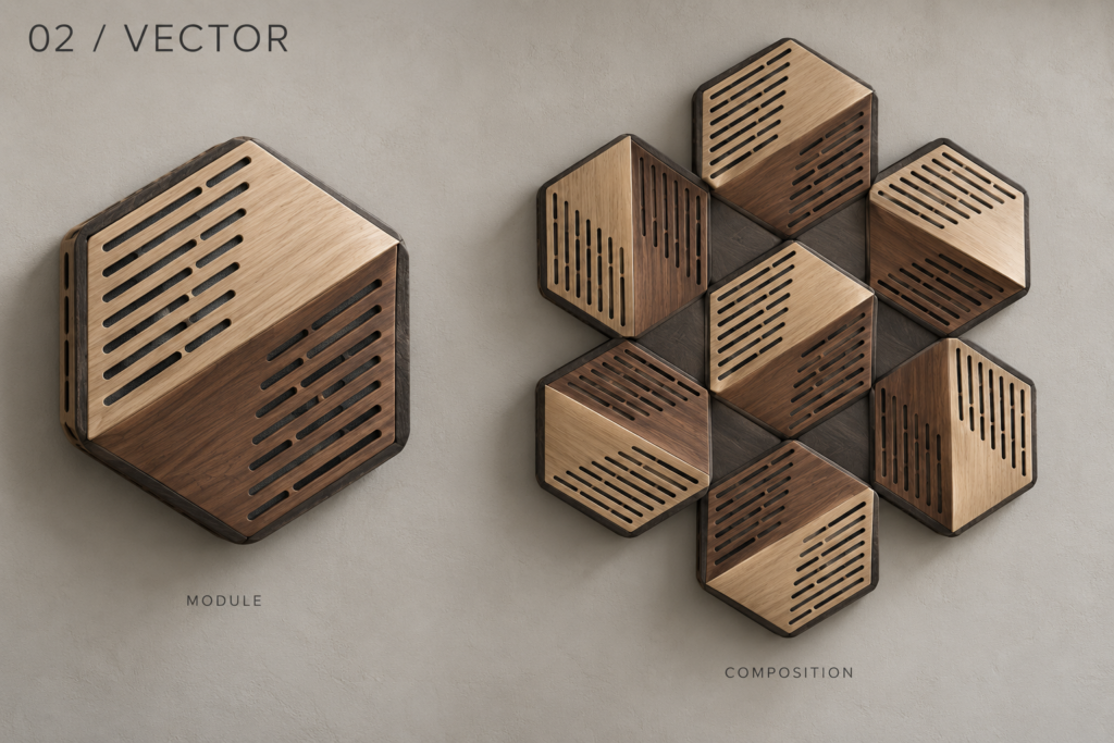Vector acoustic panel concept showing a single module and example composition