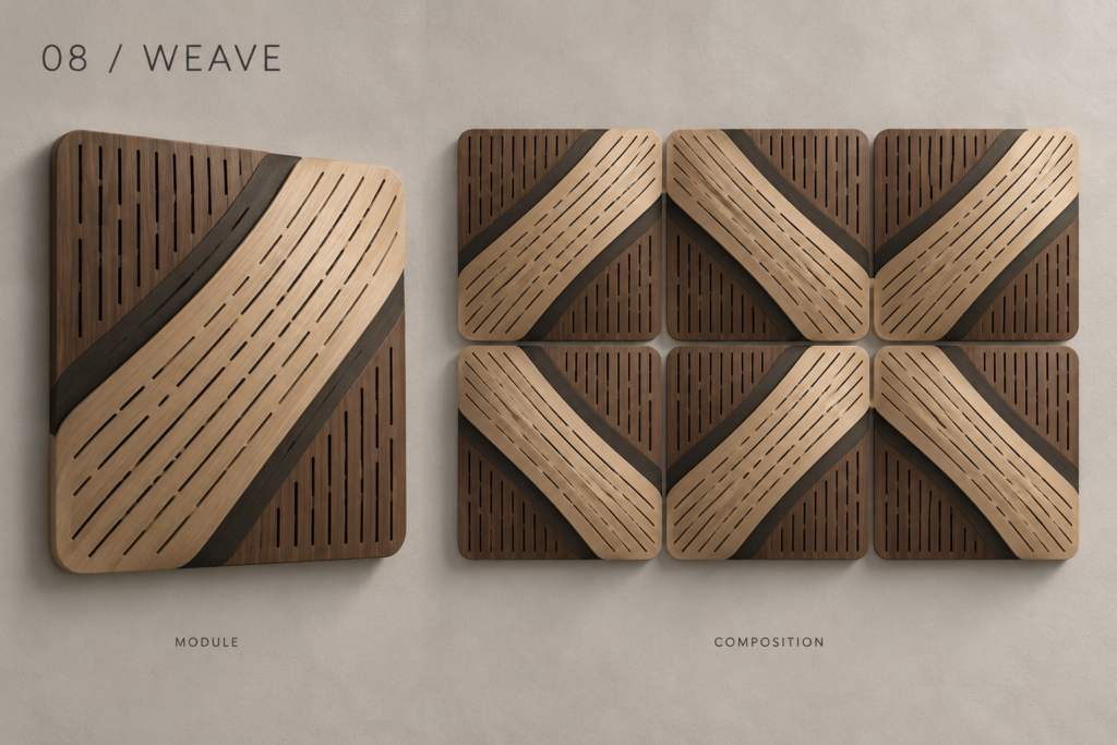 Weave acoustic panel concept showing a single module and example composition