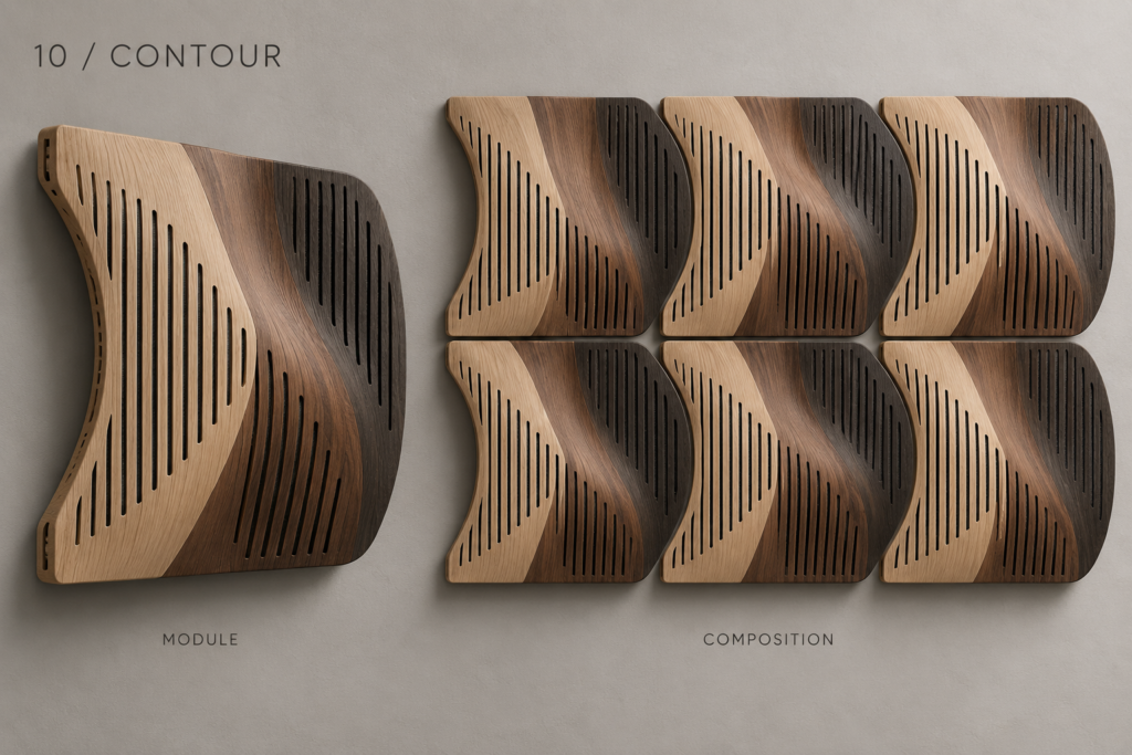 Contour acoustic panel concept showing a single module and example composition