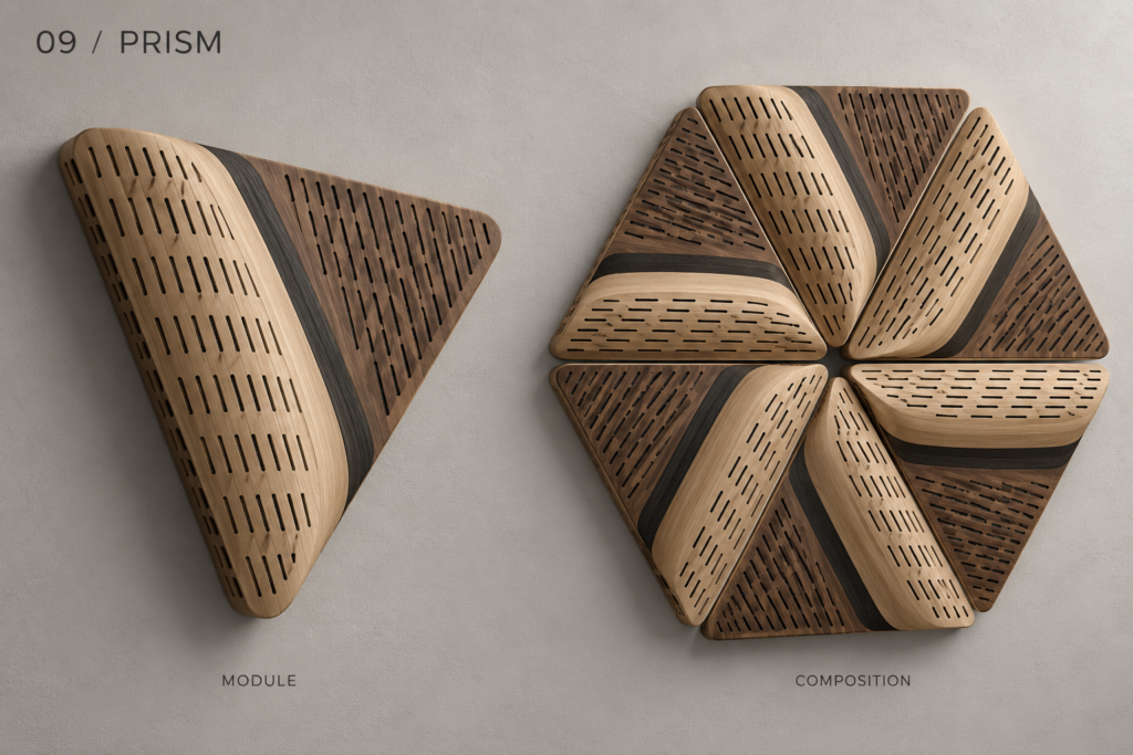 Prism acoustic panel concept showing a single module and example composition