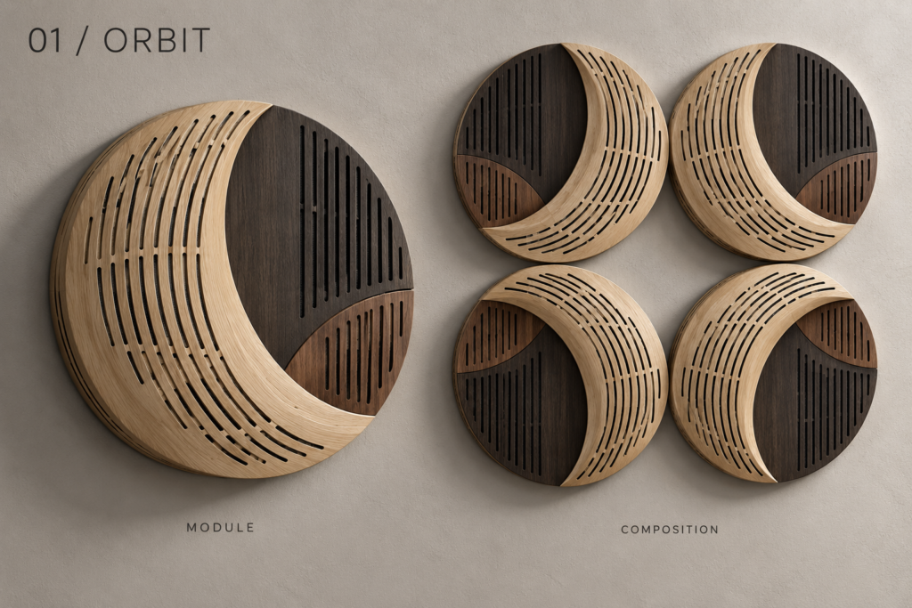 Orbit acoustic panel concept showing a single module and example composition