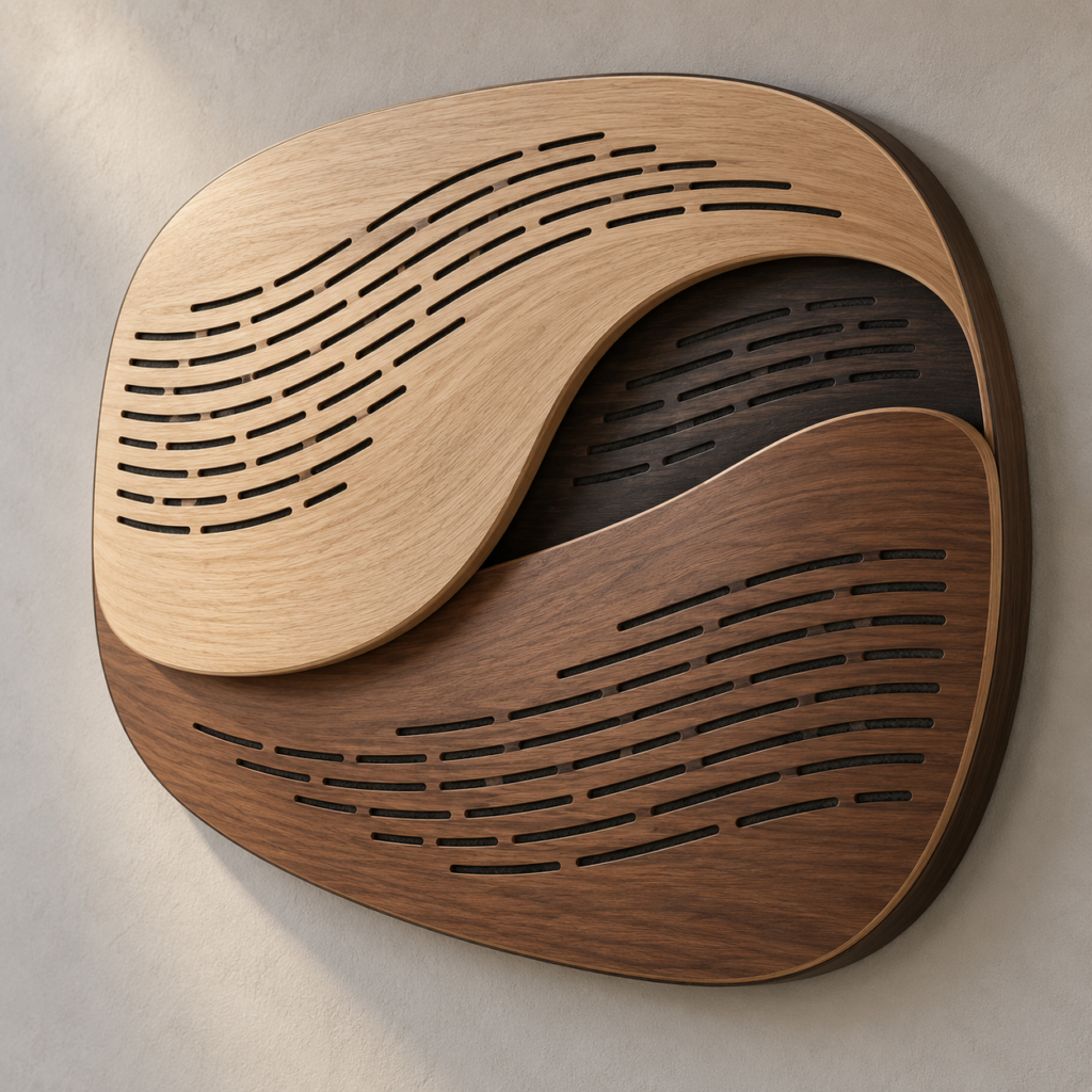 Contour Wave acoustic panel design with flowing slotted curves in light and dark wood tones
