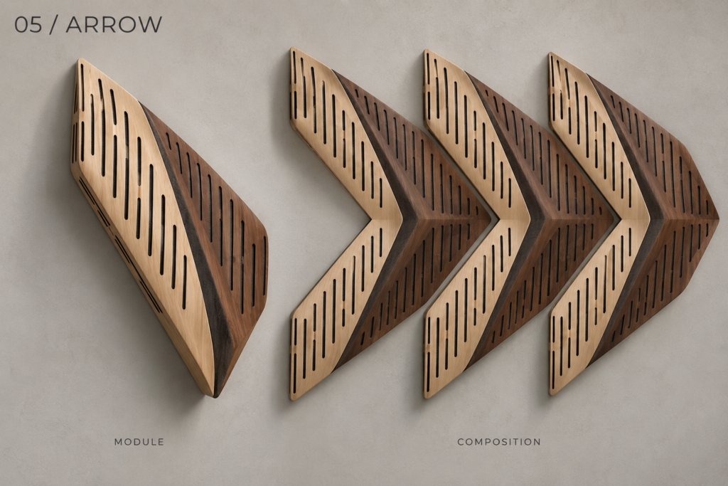 Arrow acoustic panel concept showing a single module and example composition
