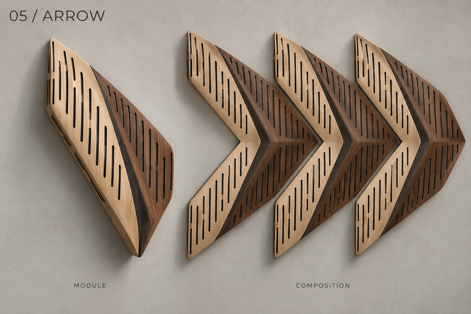 Arrow acoustic panel concept showing a single module and example composition
