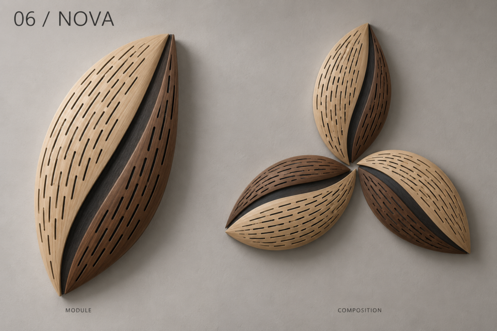 Nova acoustic panel concept showing a single module and example composition