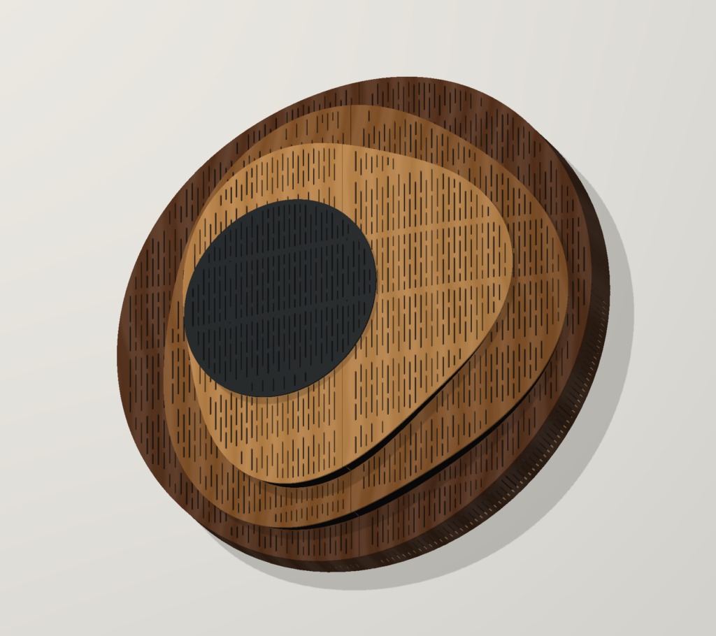 Petal Wave acoustic panel design with layered wooden curves and narrow vertical slots