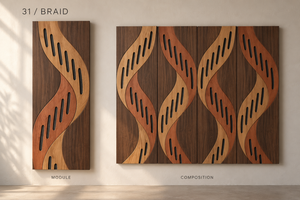 Braid acoustic panel concept: Long flowing bands in honey and reddish wood tones cross a dark brown background, creating a gentle braided rhythm.