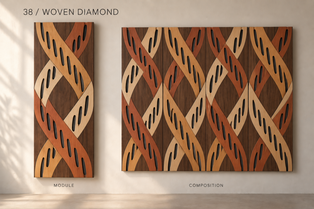 Woven Diamond acoustic panel concept: Sweeping diagonal bands in pale, honey and reddish tones cross to form an open diamond pattern over a dark wood-tone field.