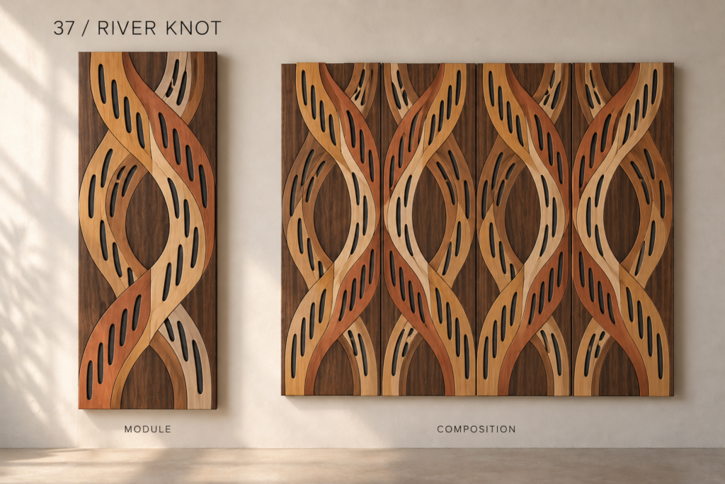 River Knot acoustic panel concept: Interlacing pale, golden and reddish bands form elongated loops against a rich brown background, with slots following the curves.