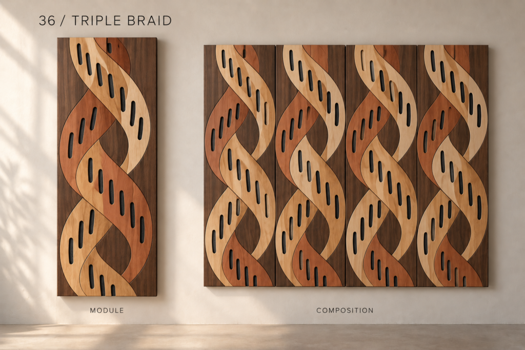 Triple Braid acoustic panel concept: Three flowing wood-tone ribbons intertwine across a dark background, with rounded slots adding rhythm to the plaited pattern.