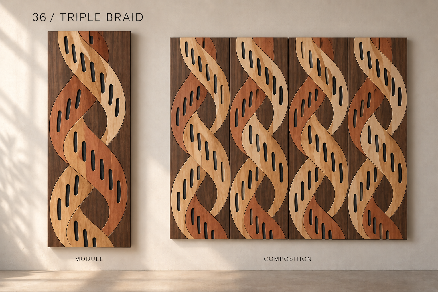 Triple Braid acoustic panel concept: Three flowing wood-tone ribbons intertwine across a dark background, with rounded slots adding rhythm to the plaited pattern.
