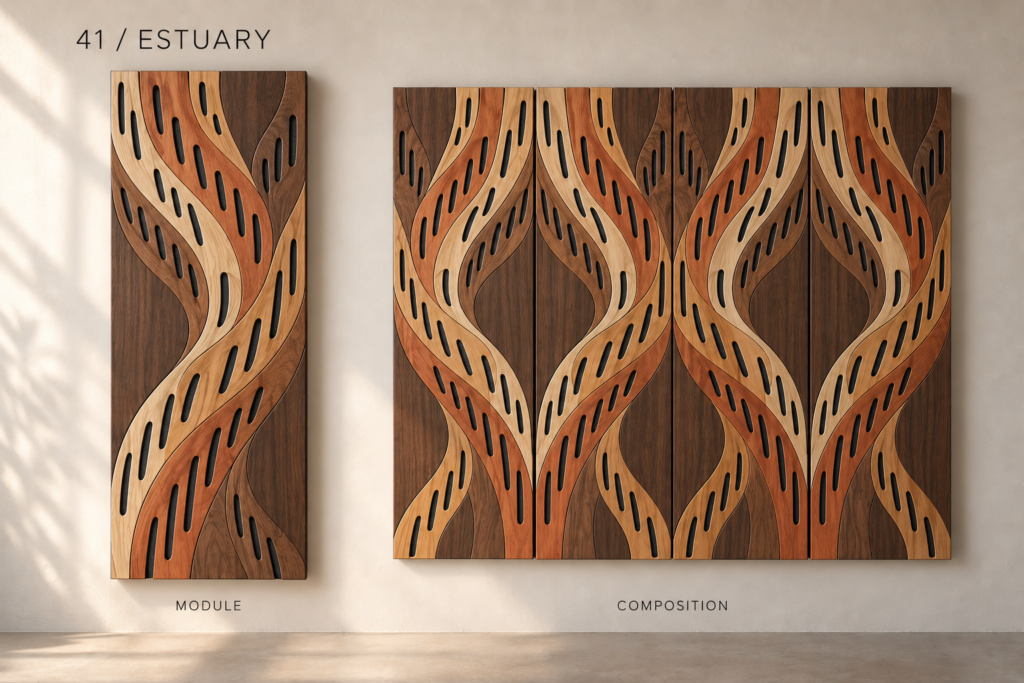 Estuary acoustic panel concept with branching wood-tone ribbons