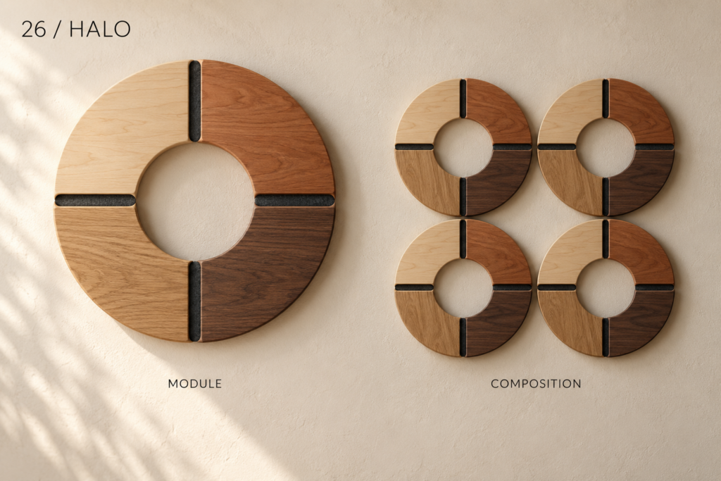 Halo acoustic panel concept: A circular ring design with an open centre and four contrasting wood-tone sections, separated by dark radial channels.