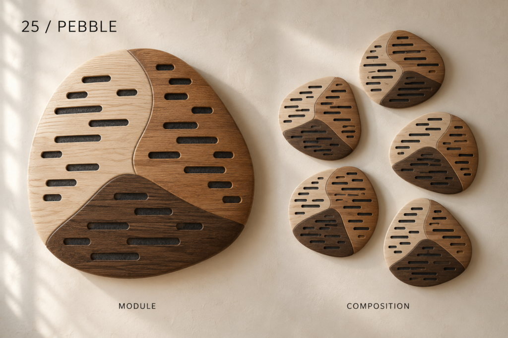 Pebble acoustic panel concept with three wood tones, rounded slots and an example wall arrangement