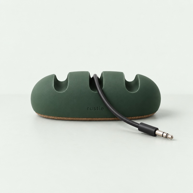 Illustration of a green desktop cable organiser with a cork base