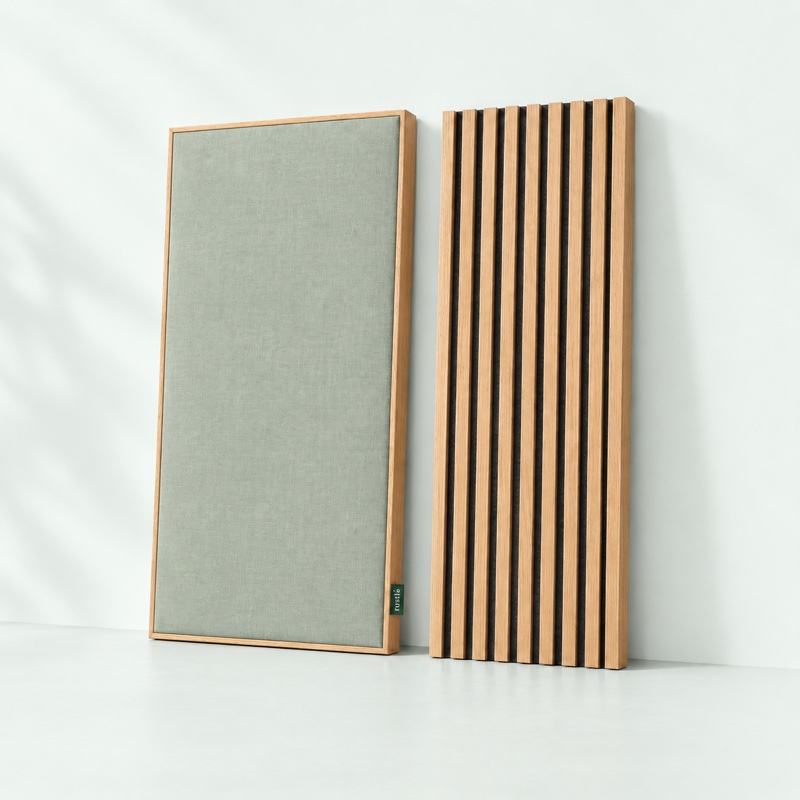 Illustration of a sage fabric acoustic panel with an oak frame beside an oak slat panel