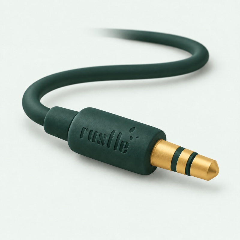 Audio cable with the Rustle logo moulded into its connector