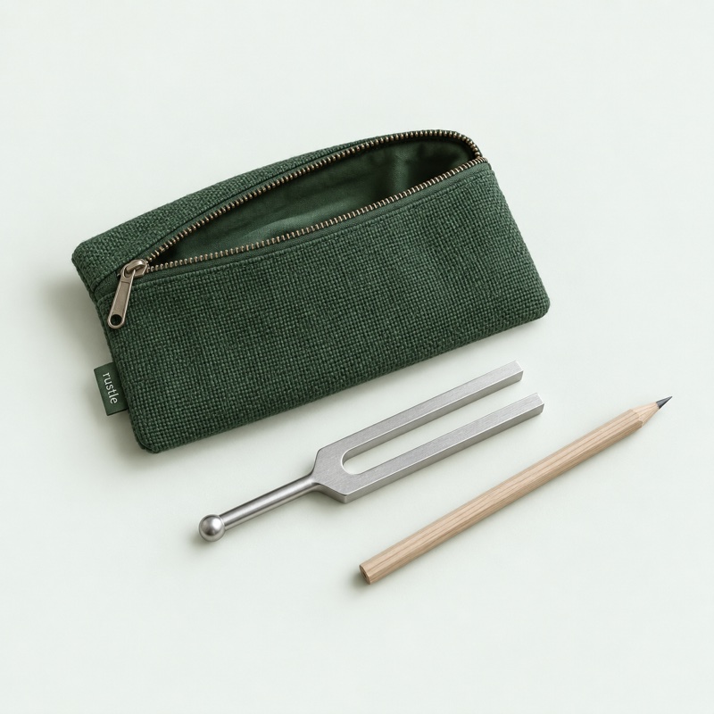 Illustration of a green studio pouch with a tuning fork and pencil